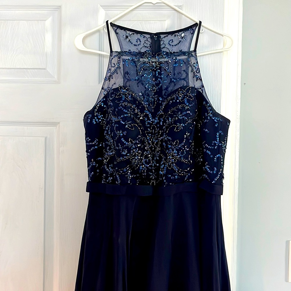 Navy, sequined bridesmaids dress.  Could be used for prom.